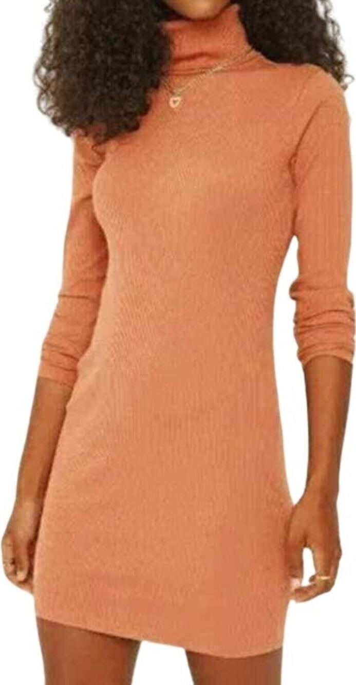 Wild Fable Ribbed Dress Turtle Neck Long Sleeve Knit Mini Bodycon Orange Small